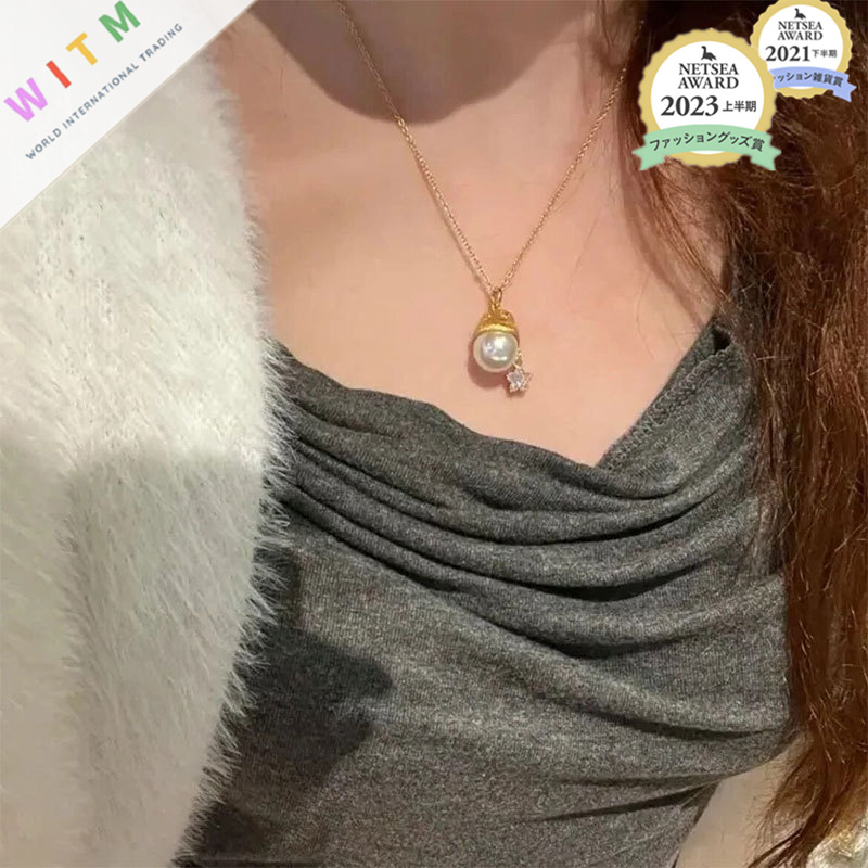 パール風チャーム付き金色ネックレスチェーン女性用