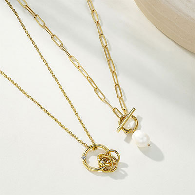 ステンレス製パール付きネックレスチェーン金色コーティング女性用