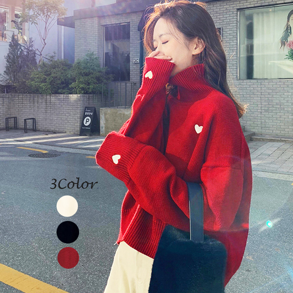 ハート柄タートルネックニットシャツ 秋冬