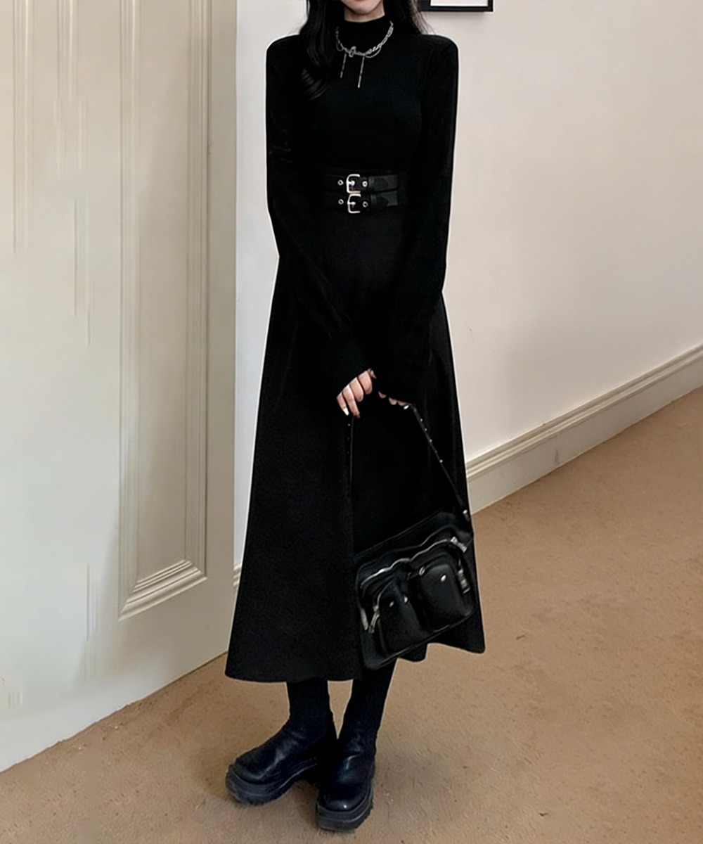 タートルネック ベルト飾り長袖ロングワンピース体型カバー　レディース　長袖