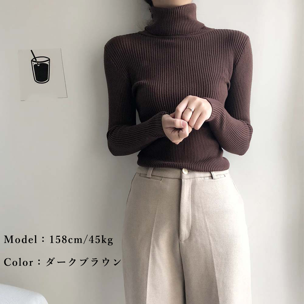 リブ編みタートルネック長袖ニットシャツ　レディース