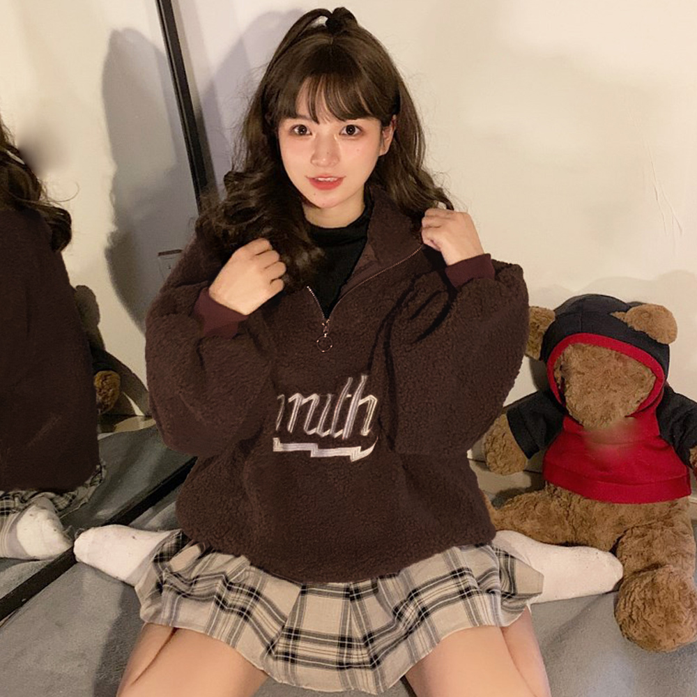 タートルネック ボア素材ハーフジップジャケット韓国風　レディース　長袖