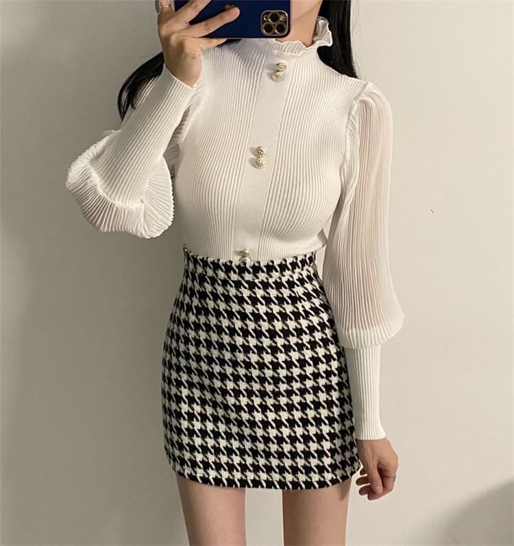 タートルネック　シフォン袖  リブニット シャツ