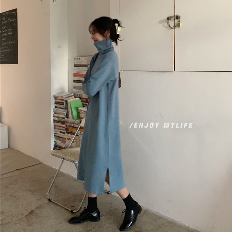 タートルネック ゆったり薄手 シルエットワンピース