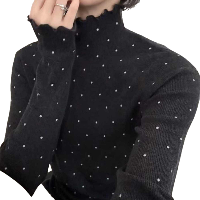 小粒ドット柄フリルネックタートルニットシャツ