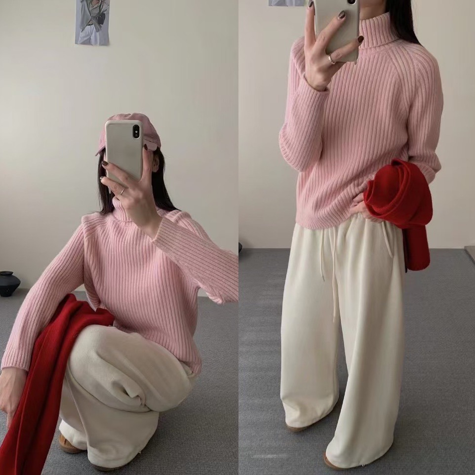 今季必須アイテム 厚手リブ編みタートルネックセーター