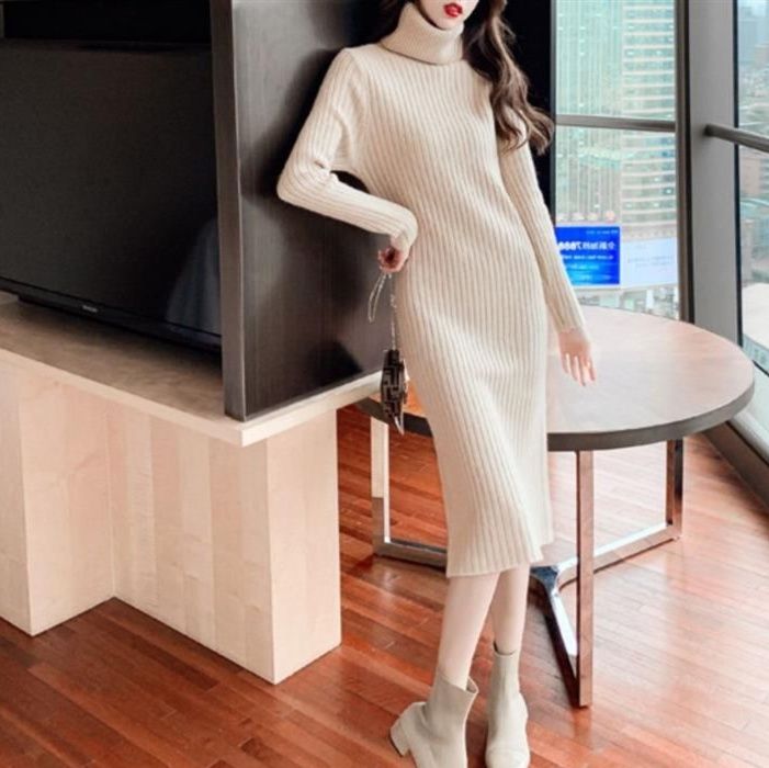【タートルネック レディース 長袖】細身リブニットワンピース｜美ラインで魅せる秋冬エレガントコーデ