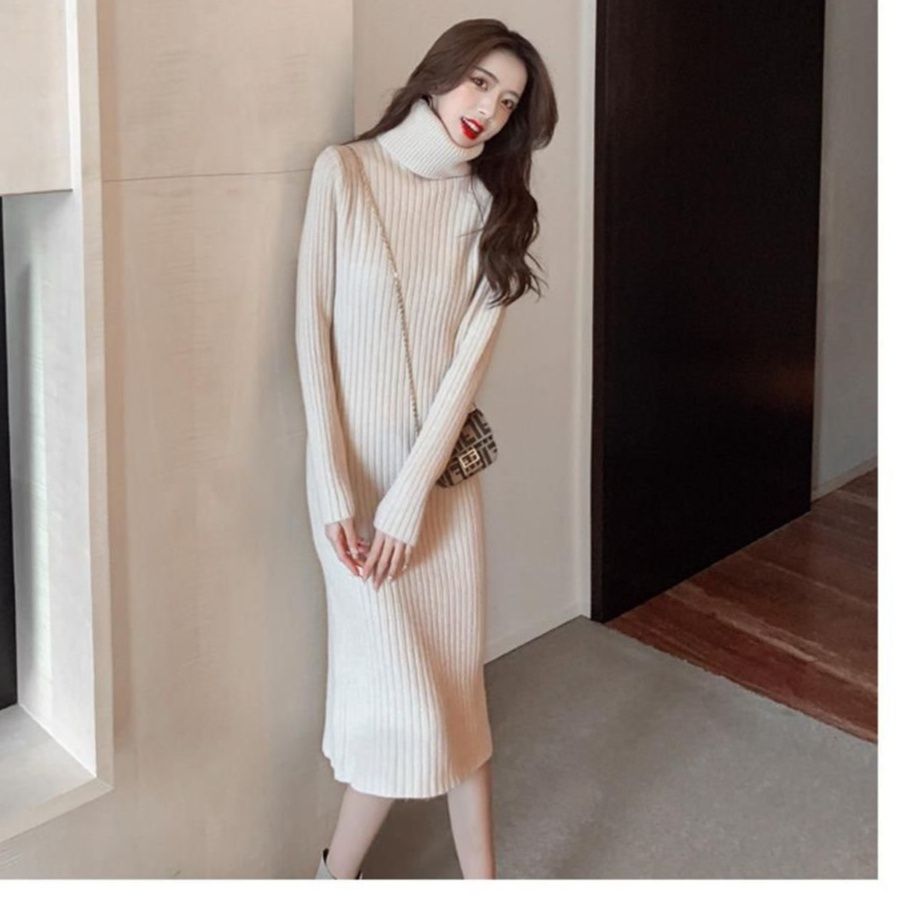 【タートルネック レディース 長袖】細身リブニットワンピース｜美ラインで魅せる秋冬エレガントコーデ