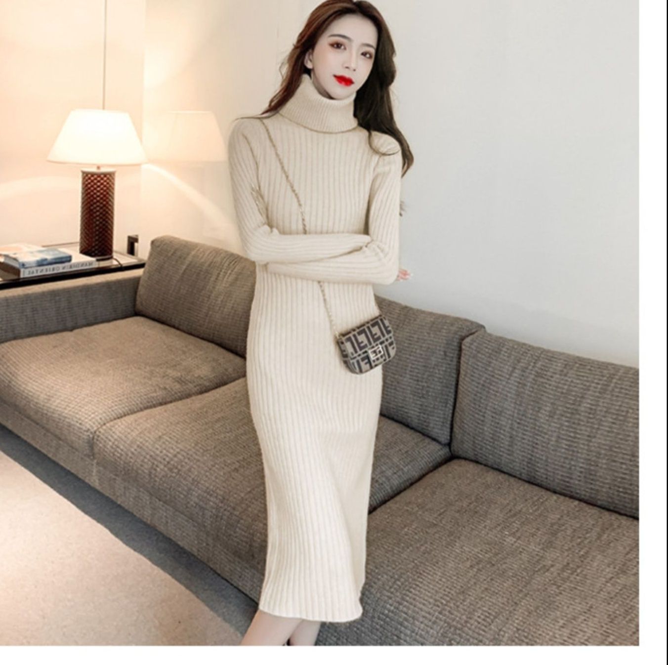 【タートルネック レディース 長袖】細身リブニットワンピース｜美ラインで魅せる秋冬エレガントコーデ