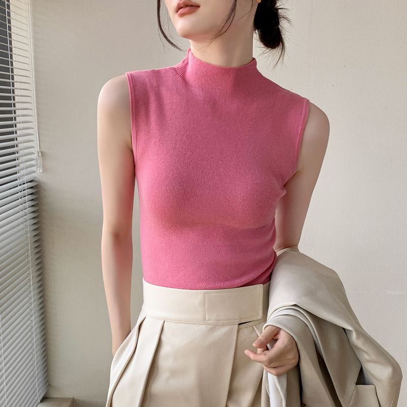 綿羊毛混紡ノースリーブタートルネックニット　S~L