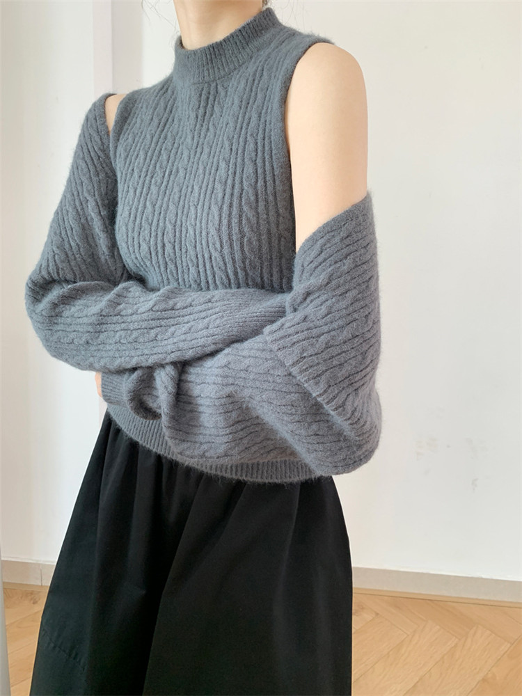タートルネック　レトロ風 肩開き  ニットシャツ セット