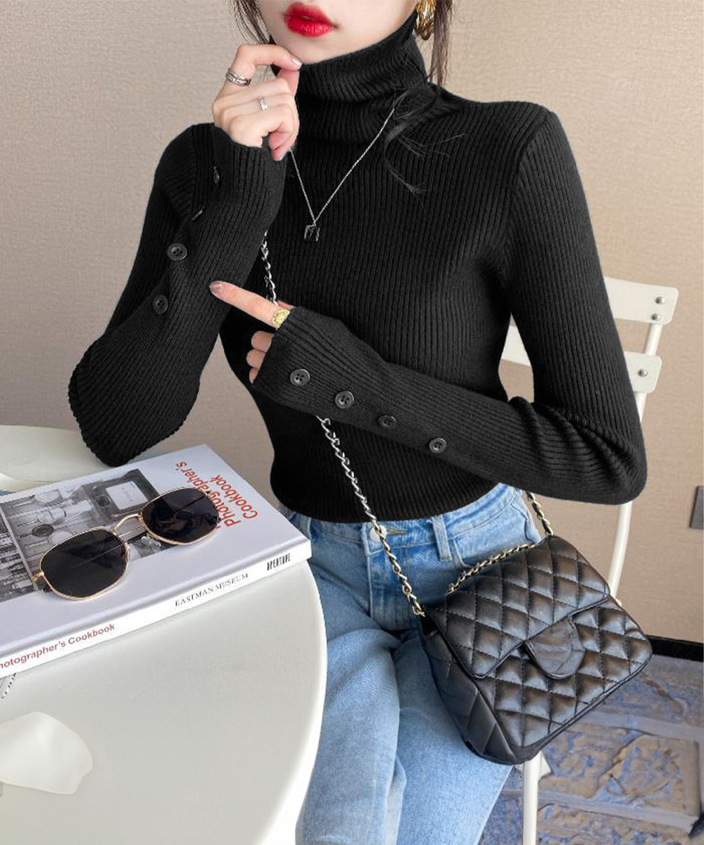 タートルネック 袖ボタン付きハイネックニットインナー