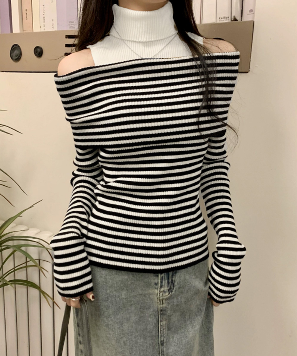 タートルネック　レディース　長袖　リブ編み　美シルエット　肩あき ニット