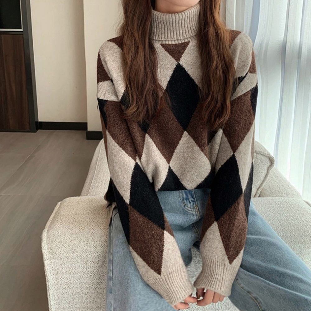 菱形柄タートルネックニットセーター レディース　長袖