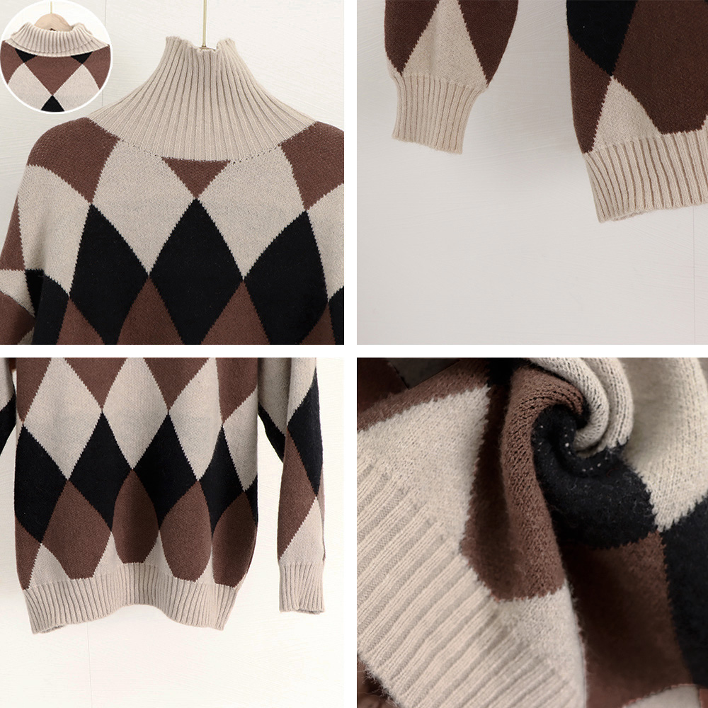 菱形柄タートルネックニットセーター レディース　長袖