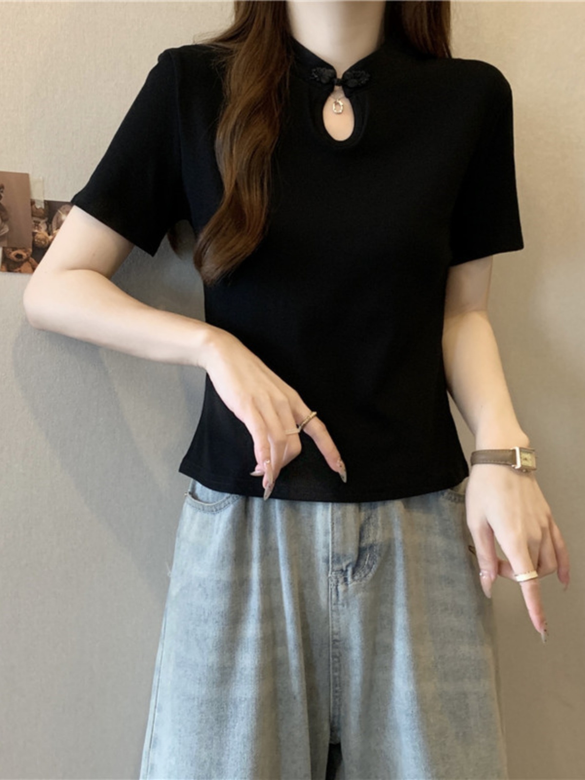 タートルネック　チャイナ風半袖トップス