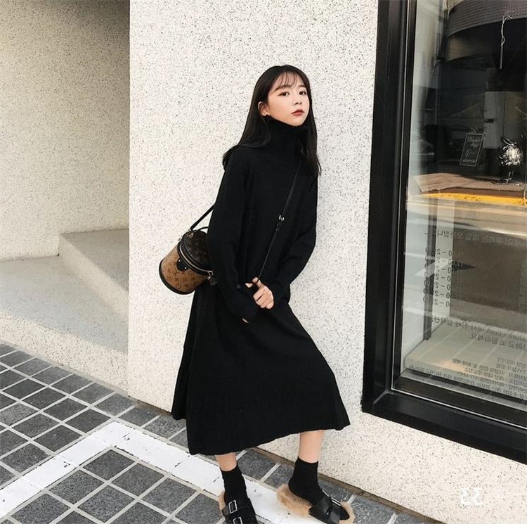 着回し抜群タートルネック編み地ワンピース長袖　レディース