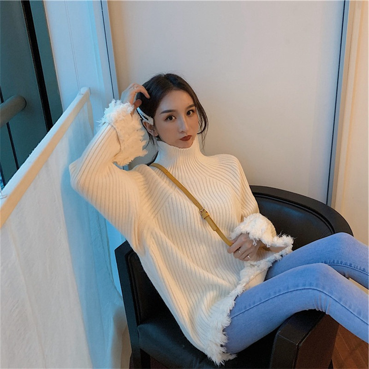 冬新作 フリンジニットシャツ タートルネック 暖かセーター　レディース