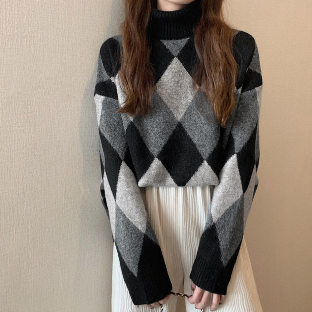 菱形柄タートルネックニットセーター レディース　長袖