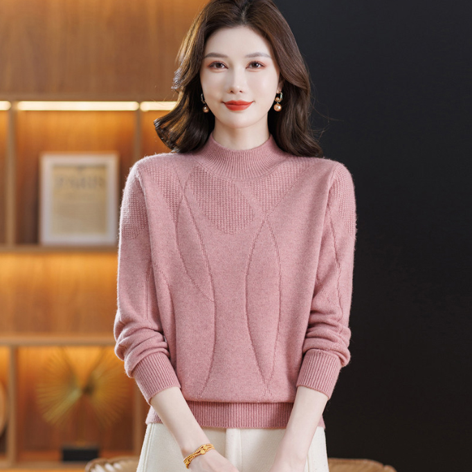 上品ニットセーター タートルネック長袖シャツ 無地編み込み柄