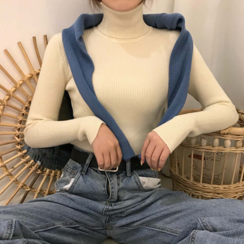 リブ編みタートルネック長袖ニットシャツ　レディース
