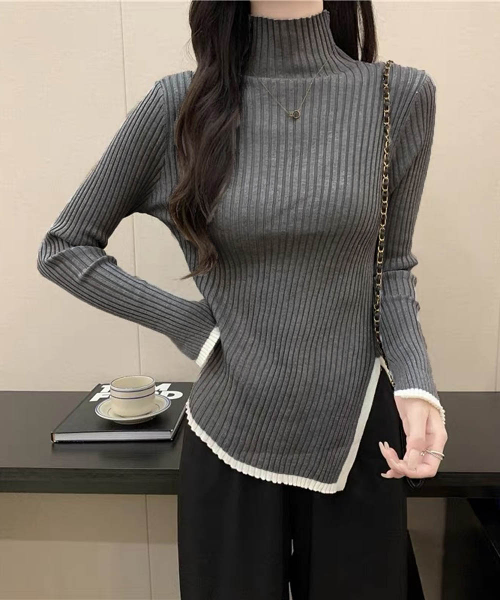 配色ライン入りタートルネックリブニットシャツ　レディース　長袖