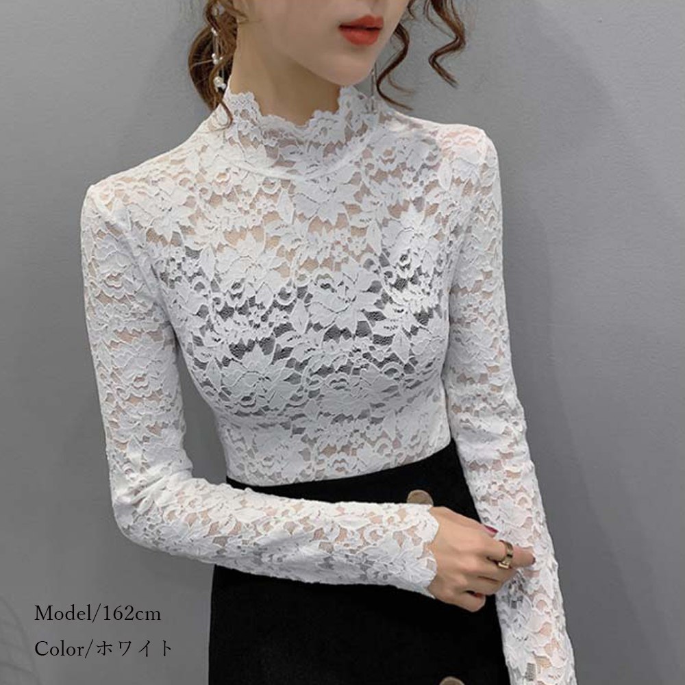 タートルネック　レディース　ノースリーブ　花柄レース タートルネックシャツ 上品シースルー