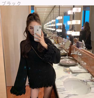 韓国風ストラップ付きタートルネックセーター長袖ニット