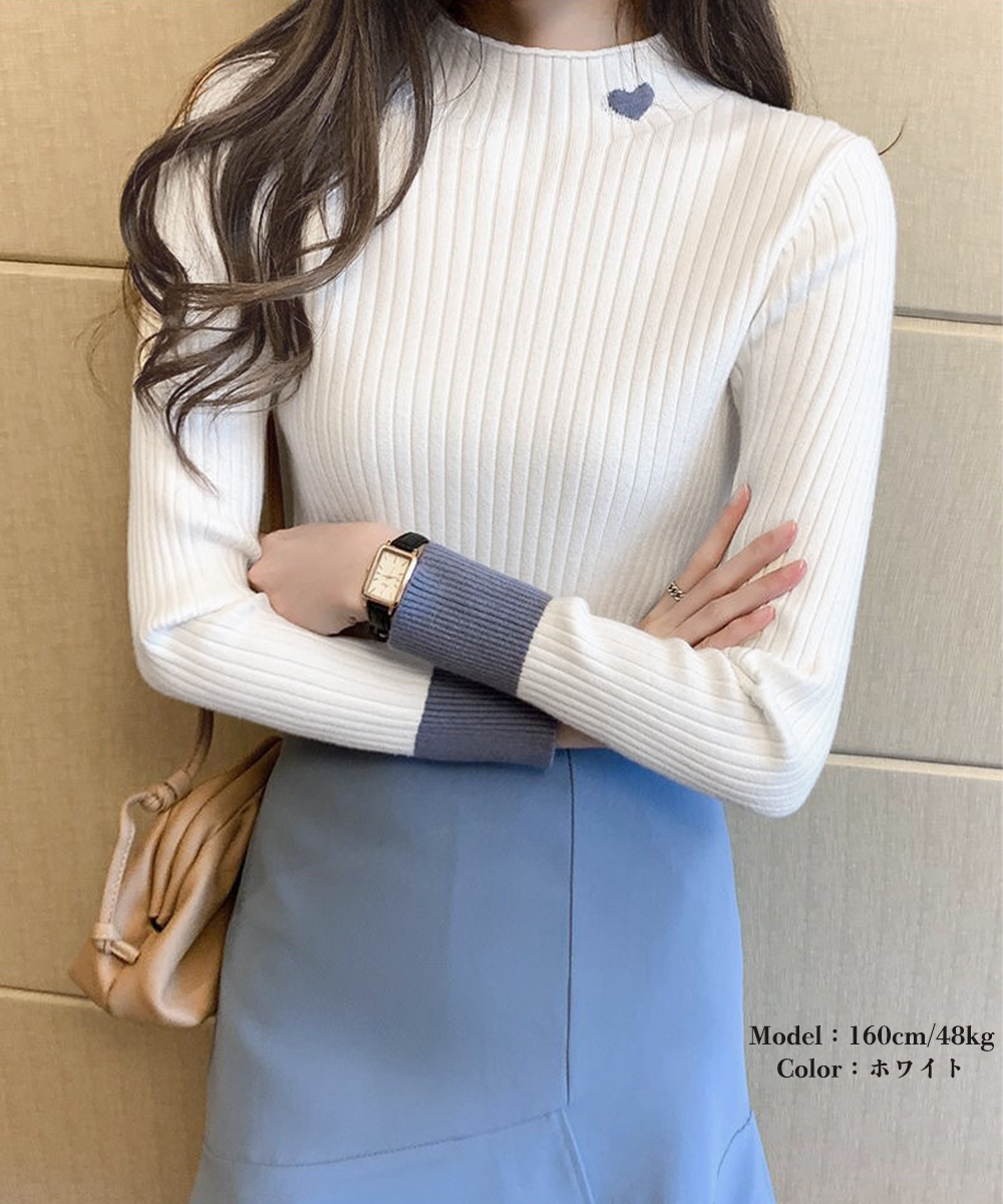 タートルネック　ハート刺繍入り シャツ 袖配色