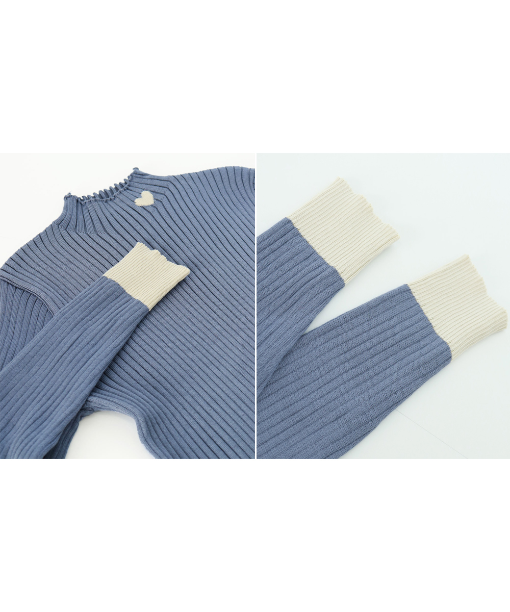 タートルネック　ハート刺繍入り シャツ 袖配色
