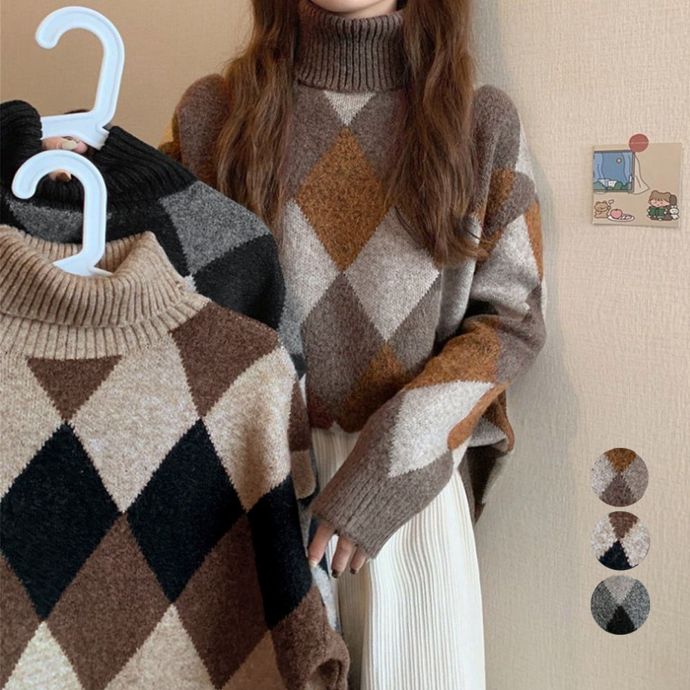 菱形柄タートルネックニットセーター レディース　長袖