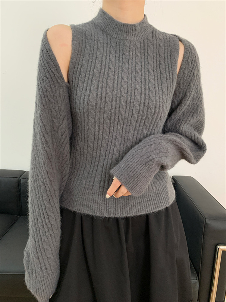 タートルネック　レトロ風 肩開き  ニットシャツ セット