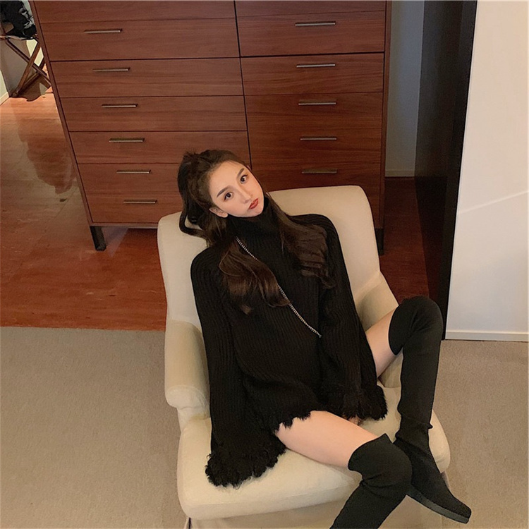 冬新作 フリンジニットシャツ タートルネック 暖かセーター　レディース