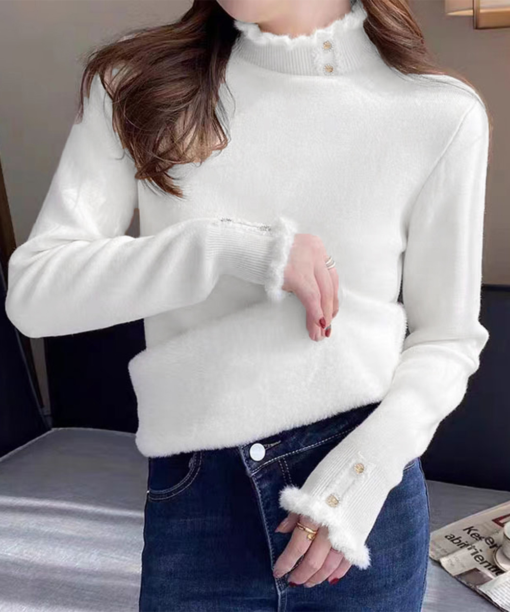 タートルネック 裏起毛フリル襟ニットシャツ金ボタン付き