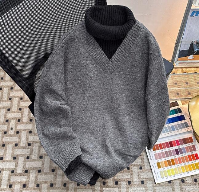 タートルネック メンズ 重ね着風 ニット セーター 保温　秋冬　長袖