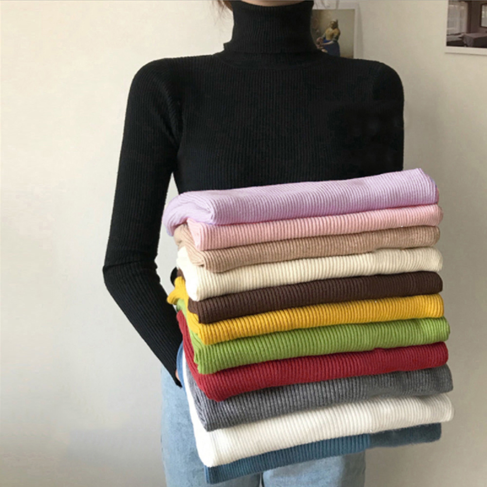 リブ編みタートルネック長袖ニットシャツ　レディース