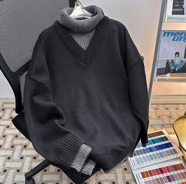 タートルネック メンズ 重ね着風 ニット セーター 保温　秋冬　長袖