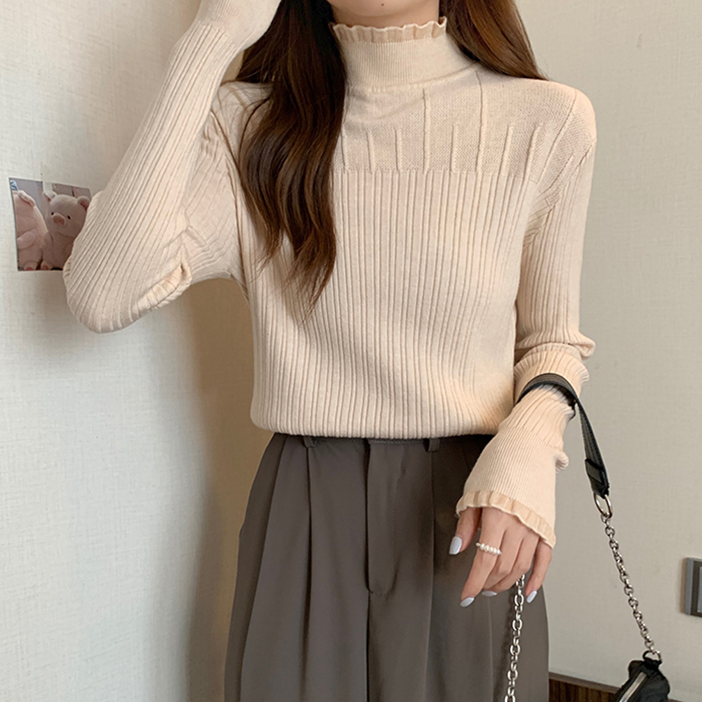 タートルネックニットシャツ フリルデザイン 長袖 レディース