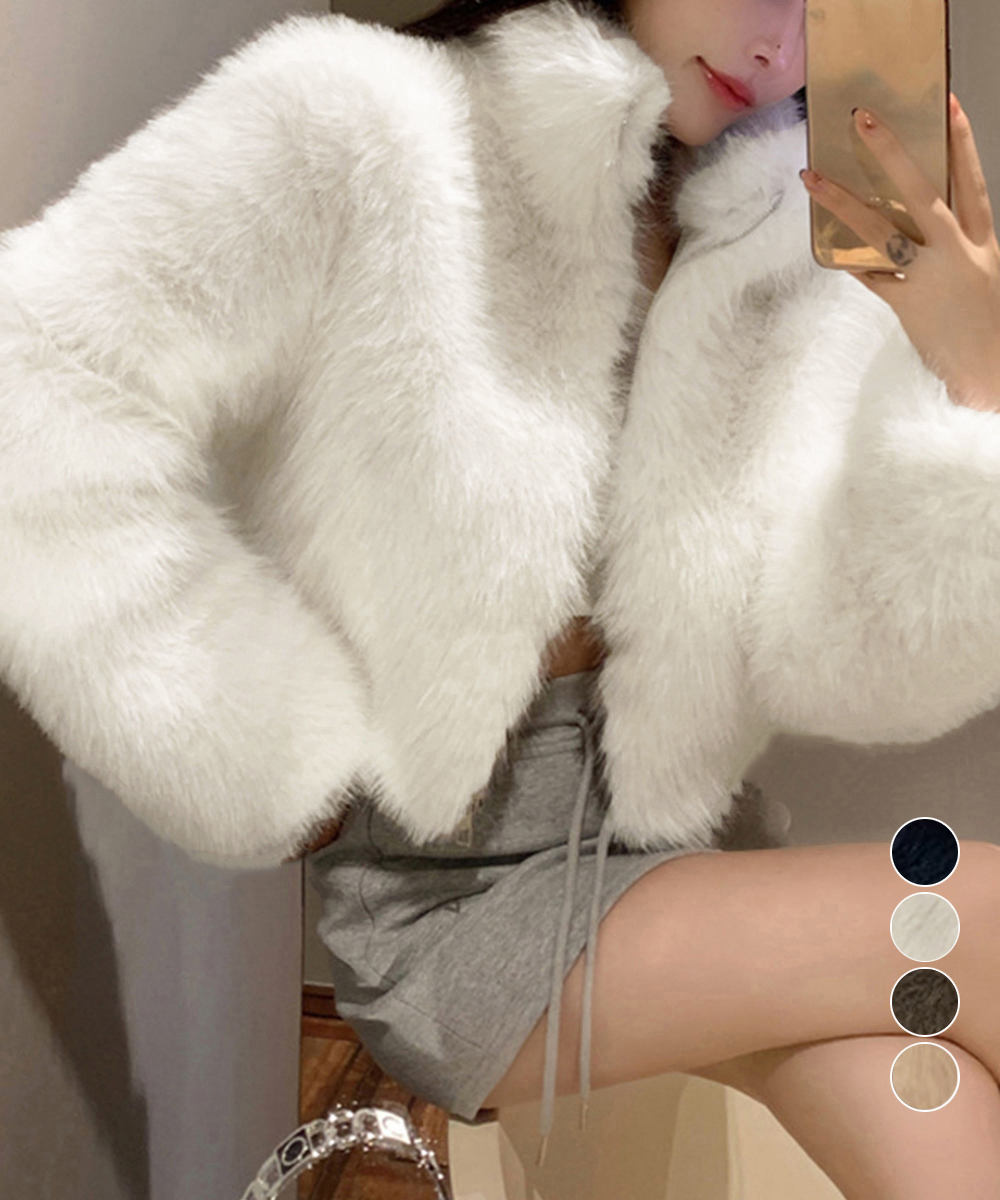 タートルネック もこもこ人工毛皮ジャケット 冬用ふわふわ短丈羽織物　レディース　長袖