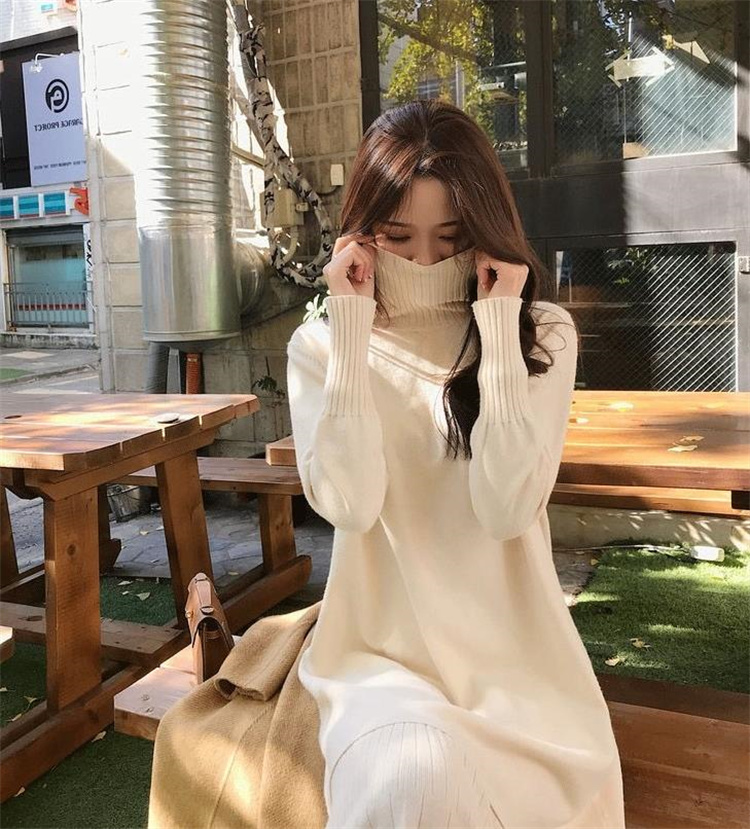 着回し抜群タートルネック編み地ワンピース長袖　レディース