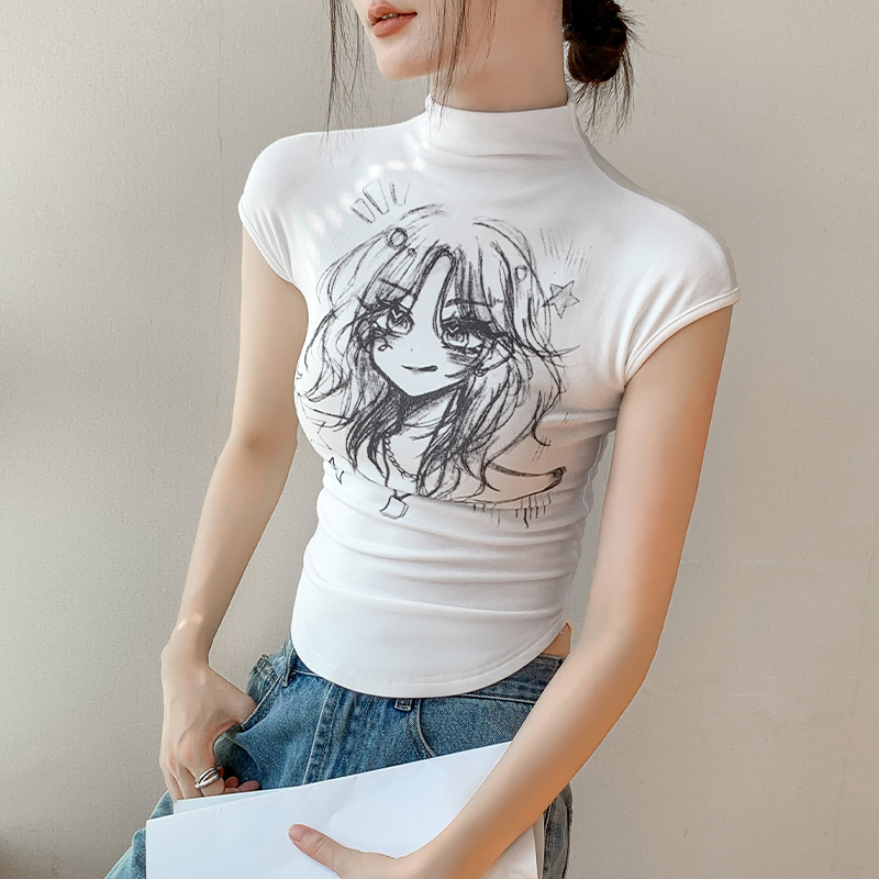 タートルネック　イラストプリント半袖
