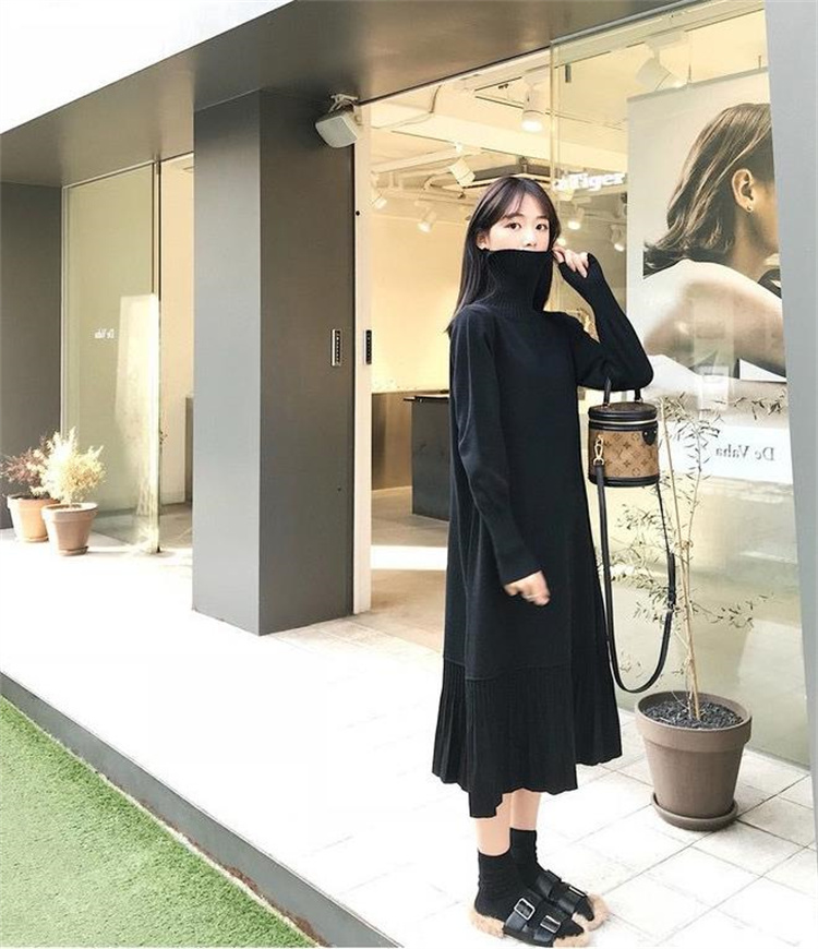 着回し抜群タートルネック編み地ワンピース長袖　レディース