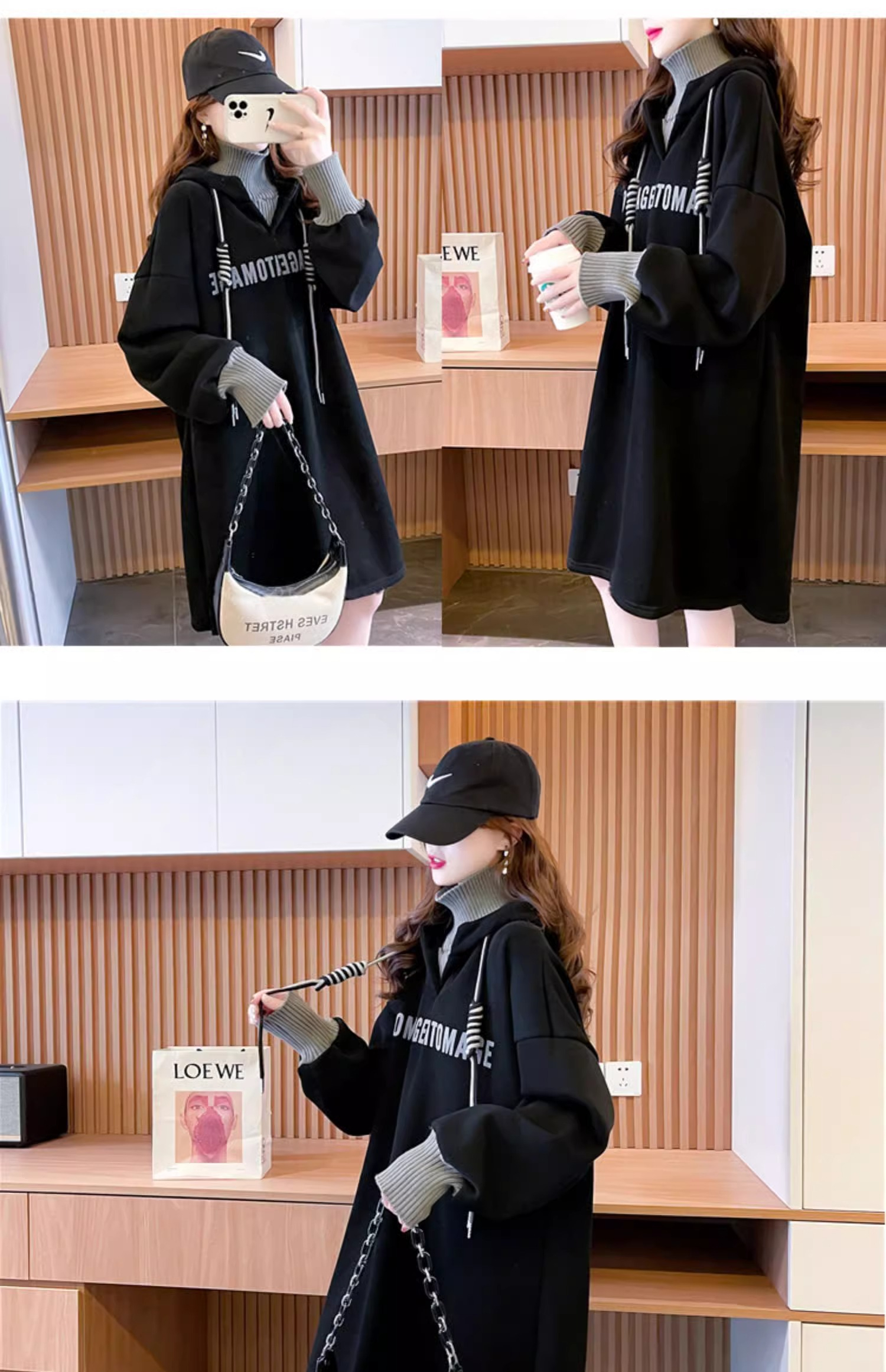 タートルネック重ね着風フード付きワンピース
