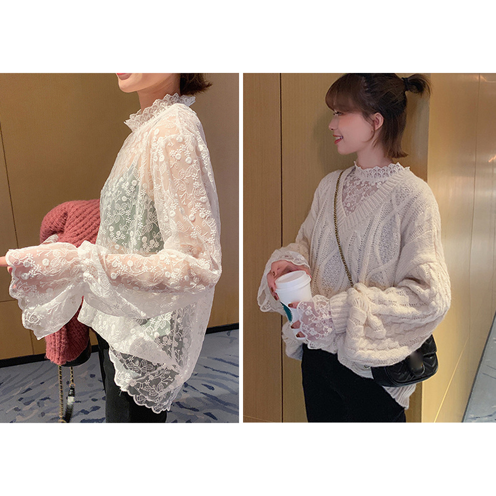 タートルネック　レディース　長袖　花柄レース タートルネックシャツ 長袖