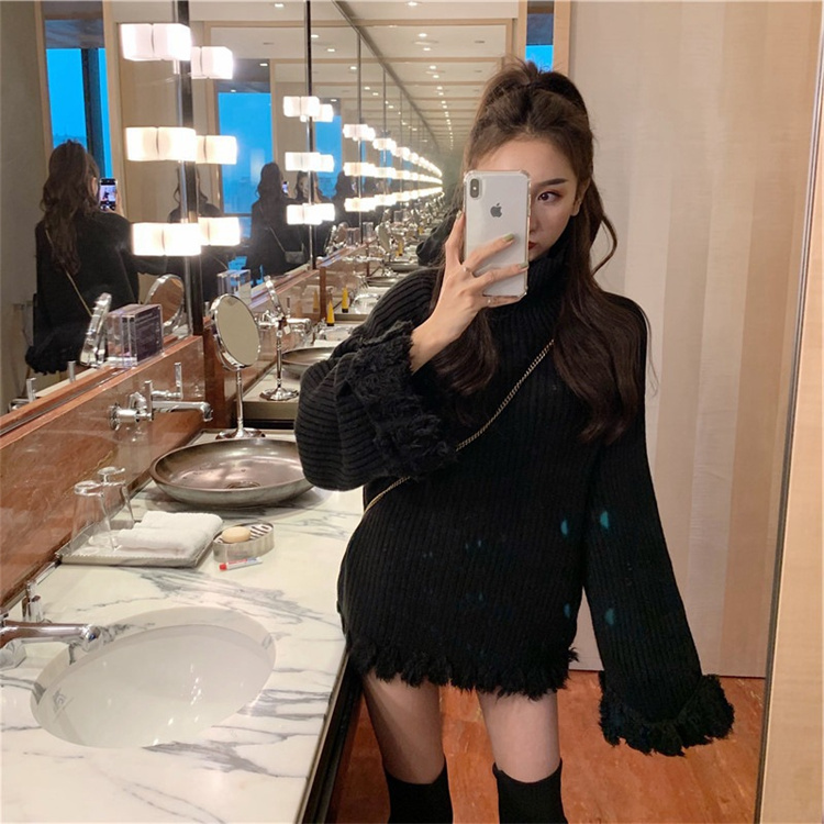 冬新作 フリンジニットシャツ タートルネック 暖かセーター　レディース