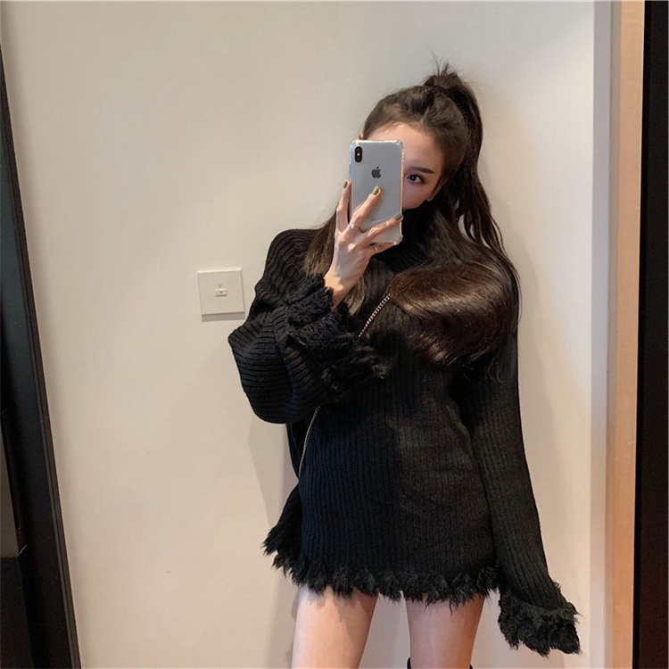冬新作 フリンジニットシャツ タートルネック 暖かセーター　レディース
