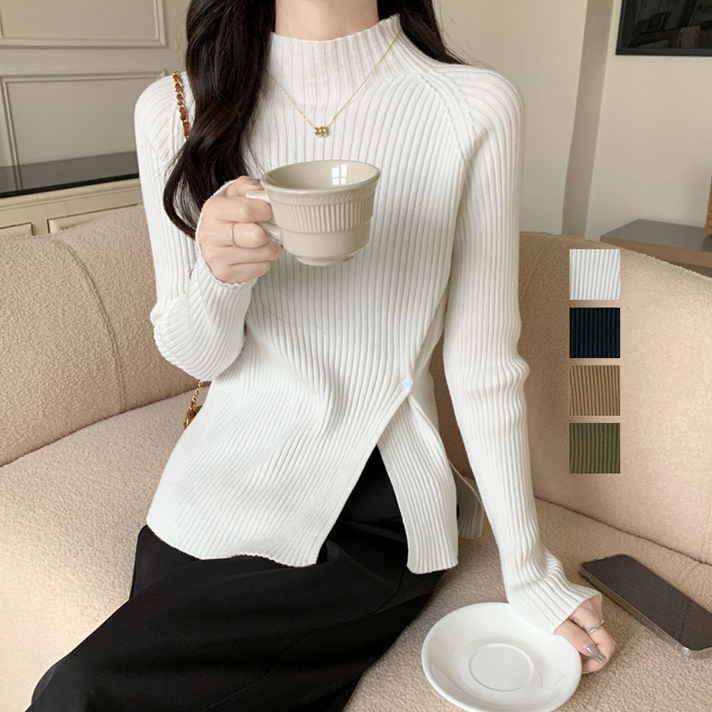 タートルネック リブニットシャツ サイドスリット　かわいい　綺麗系