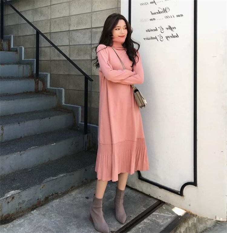 着回し抜群タートルネック編み地ワンピース長袖　レディース