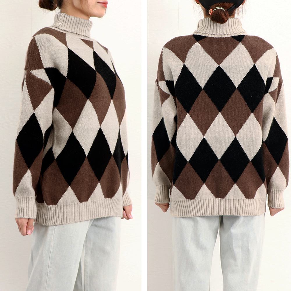 菱形柄タートルネックニットセーター レディース　長袖
