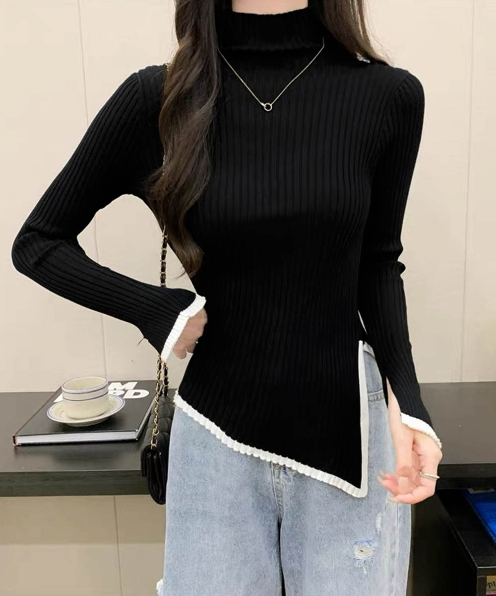 配色ライン入りタートルネックリブニットシャツ　レディース　長袖